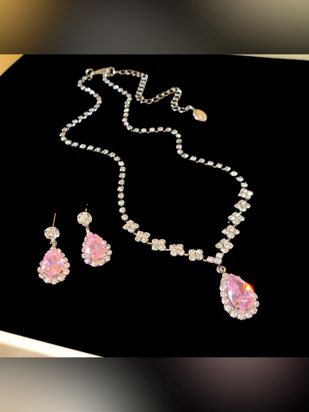 Pink Teardrop Rhinestones Crystal Silver Necklace & Earrings 3 Pieces Set